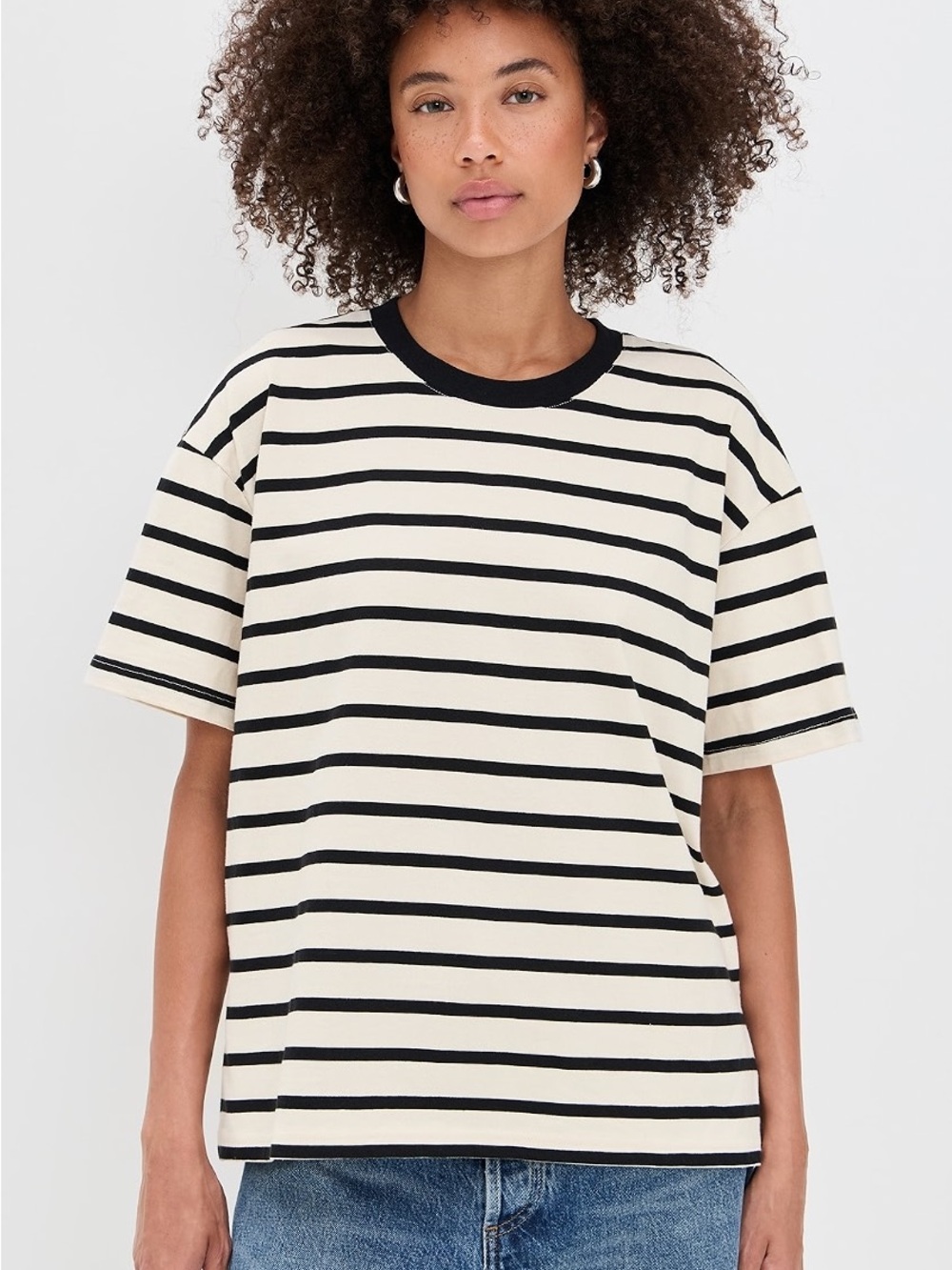 Good American Black & Cream Striped Crew Tee